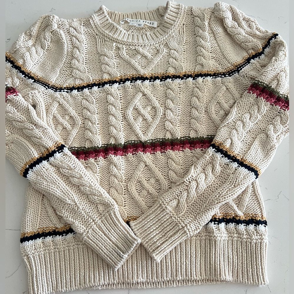 Veronica Beard Cream Cable Knit Sweater with Colorful Stripes